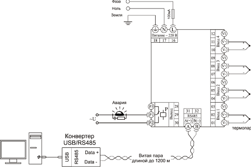 Типовая схема подключения прибора Термодат-11И5