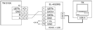 Схема электрическая подключений ТМ 510Х к ПК по RS-485 по схеме «точка-точка»