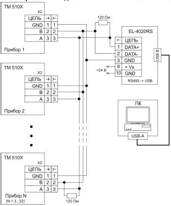 Схема электрическая подключений ТМ 510Х в сеть по RS-485