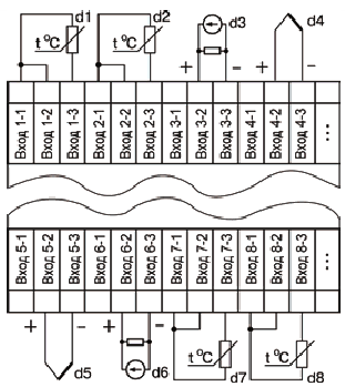 Пример подключения датчиков различного типа ТРМ 148